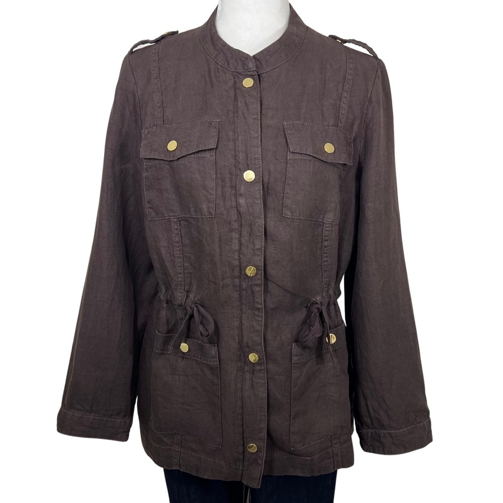 Chico’s Linen Utility Jacket Lightweight Dark Brown Gold 8 M Medium 570201889 - Picture 7 of 16